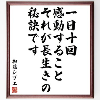 加藤シヅエの名言「一日十回感動すること、それが長生きの秘訣です」額付き書道色紙／受注後直筆／Y3905の画像