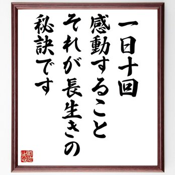 名言「一日十回感動すること、それが長生きの秘訣です」手書き書道色紙額／受注後の毛筆直筆（Y3905）の画像