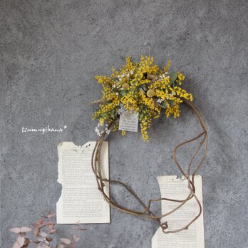wreath「春の約束」№３　ミモザのキウイつるリース　　　ドライフラワーリース　　ミモザ　　ハーフリースの画像