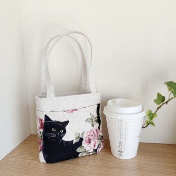 超便利☆コンビニコーヒー収納ミニトートバッグ（大）*黒猫と花の画像