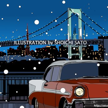 版画作品　「TOKYO SNOW NIGHT 」　（雪降る東京の街角イラスト）の画像