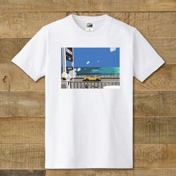 Tシャツ　湘南イラスト　稲村ケ崎の海岸線を走るディーノ246のイラスト　「Good afternoon sea」の画像
