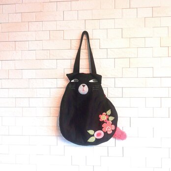 トートバッグ　“猫さんそのもの”バッグ　黒猫　お花アップリケ  リネン細番手の画像