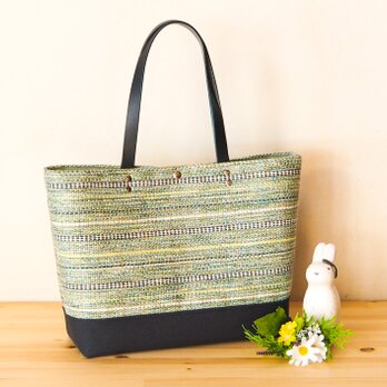 春色ミックスツイード調手織り布のA4トートバッグ（ブルーグリーン）の画像