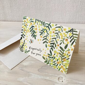 封筒付きグリーティングカード「ミモザと蜜蜂」・水彩の画像