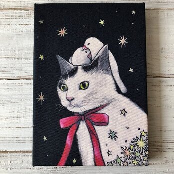 星月猫★アート「ににこ リボンの先に」猫 猫絵画　SM 複製画　木製パネル貼り　22.7cmｘ15.8cm　厚み２㎝「001」の画像