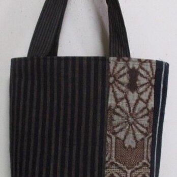 ６９５９　大島紬と唐桟縞の着物で作った手提げ袋　＃送料無料の画像