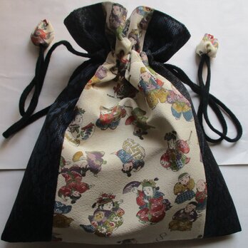 ６９６５　縮緬と色大島紬の着物で作った巾着袋　＃送料無料の画像