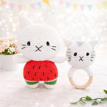 ⭐︎ お買得セット⭐︎あみぐるみ 編みぐるみ ねこ ラトル 出産祝い 女の子 男の子  おもちゃ 子供 誕生日 孫