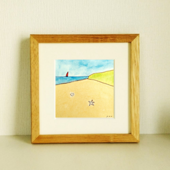 原画「秘密の場所」※木製額縁入り(18×18㎝フレーム）　　水彩・海の絵・絵画の画像