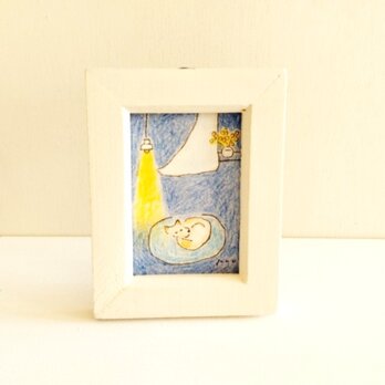 イラスト 原画「優しい風」※木製ミニ額縁入り　インテリアアート　ミニ原画　犬イラスト