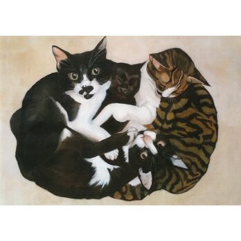猫イラスト「なかよし四ひき」（複製画）の画像