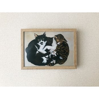 猫イラスト「なかよし四ひき」（複製画）