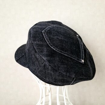 魅せる帽子☆ポケットが楽しい♪リメイクデニムのリバーシブルキャスケット～ブラックの画像