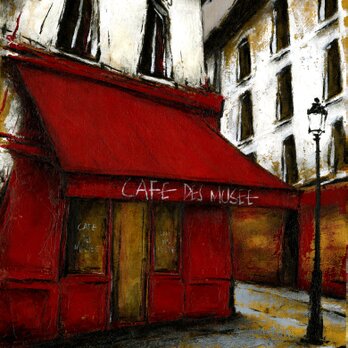 風景画　パリ　油絵「街角の赤いひさしのあるカフェ」の画像