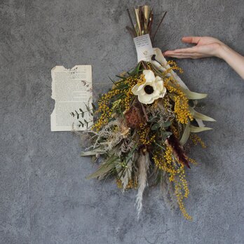 bouquet 「ミュシャ」№９　  ミモザとソラフラワー(アネモネ)のブーケ№９　　ドライフラワー　の画像