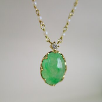 Ｋ18 Icygreen jadeite Diamond Akoya pearl Necklaceの画像