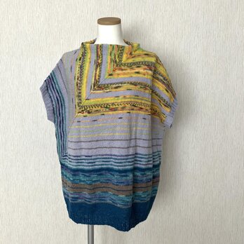 オパール 毛糸の3分袖セーター– – –ネイビー＆グレー＆イエローの画像