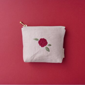 薔薇＊リネンの手刺繍ファスナーポーチ(マチ付き)の画像