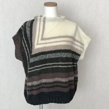 お洒落！3分袖チュニック丈セーター– – – ブラウン＆ホワイト＆モスグリーンの画像