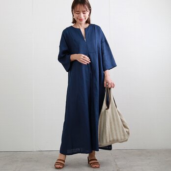 リネン 七分袖 フレアワンピース　ネイビー　0512NVの画像