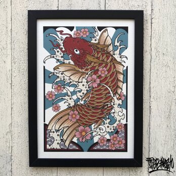 尾九 開運イラスト 赤色 化け鯉 A4サイズ フレーム付きの画像