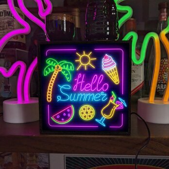 ハロー サマー 夏 海 スイカ ヤシの木 ソフトクリーム ミニチュア サイン ランプ 看板 置物 雑貨 ライトBOXの画像