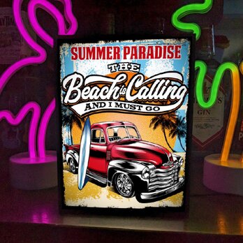 サーフィン サーフビーチ トラック 車 夏 海 ヤシの木 ミニチュア ランプ 看板 置物 アメリカン雑貨 ライトBOXの画像