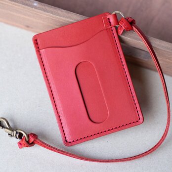 レザーパスケース　国産牛革　定期入れ　レッド　ストラップ付き　apo-08hn