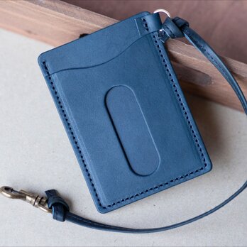 レザーパスケース　国産牛革　定期入れ　ネイビー　ストラップ付き　apo-08hn