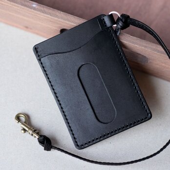 レザーパスケース　国産牛革　定期入れ　ブラック　ストラップ付き　apo-08hn