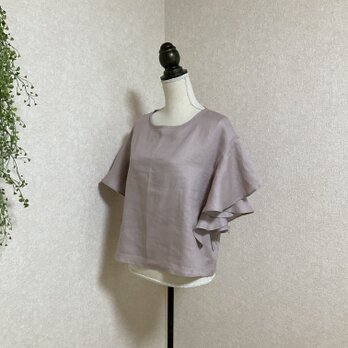 リネン100%のラッフルスリーブブラウス　アンティークモーヴの画像