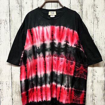 タイダイ染め　ビッグシルエット Tシャツ　XLサイズ　ブラック×レッド　グランジボーダー　Hippies Dye HD19-02の画像