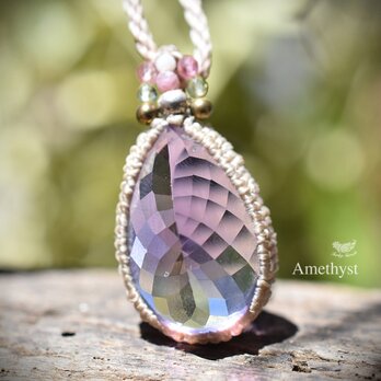 ファセットカット宝石★アメジスト　マクラメネックレス1002