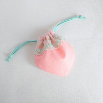 可愛いイチゴのミニ巾着（ピンク水玉）の画像