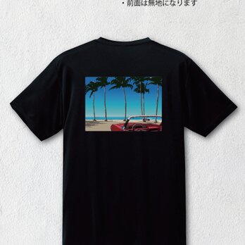 南国イラスト・Tシャツ（バックプリント）　 ヤシの木とオープンカー「Sunrise beach」の画像