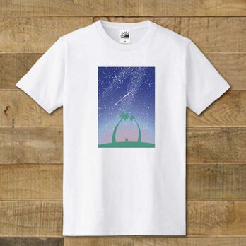 Tシャツ　南国イラスト　星空とヤシの木　「星降る夜に願いはひとつ」の画像