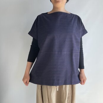 【三河木綿】横づかいの幅広プルオーバー 袖付き -紺に辛子と茶のストライプ （ヴィンテージ） POW227の画像