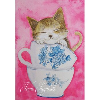 水彩画・原画「ティーカップと子猫」の画像