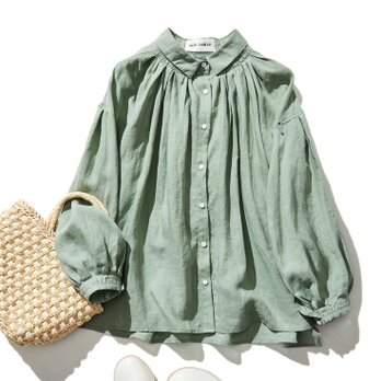 薄い水色　着回しの一枚になれる　麻のシャツ　麻100％　長袖　薄緑色　220606-3の画像