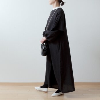 ダブルスリーブAラインリネンワンピース/ブラック