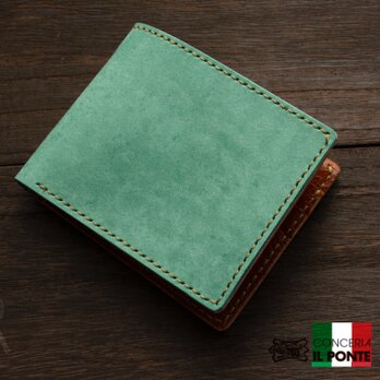 イタリアンレザー　マヤ　手縫い二つ折り財布　アクアの画像