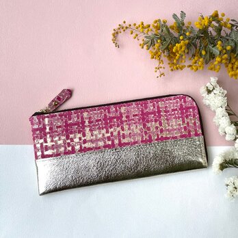 ツイード模様のスリムな長財布　L字型　ピンクの画像