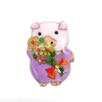 豚さんとお花の七宝焼ブローチ【受注制作】の画像
