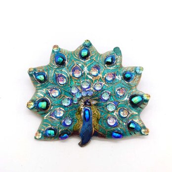 孔雀(正面・開いた姿)の七宝焼ブローチ【受注制作】