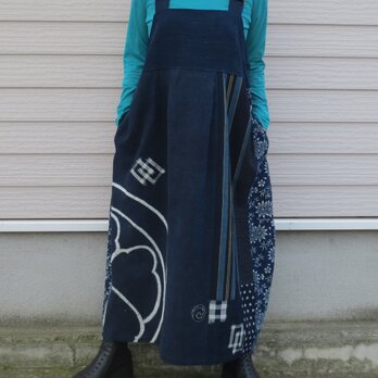 古布リメイク　藍染キャミソールワンピース　久留米絣　大人可愛い　ゆったりサイズワンピース　着物リメイク　の画像