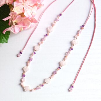 お花モチーフのローズクォーツ フリーサイズネックレス　Y-1714