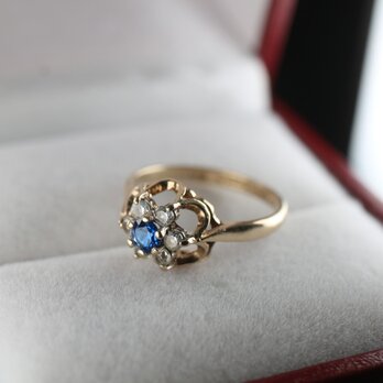 極上 英国 ビンテージ ゴールド リング 指輪 レディース スピネル ブルー 合成 純金率 375 宝石 J70の画像