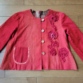 着物リメイク　古布　手作り　紅花染め　裏地付き　ジャケットの画像