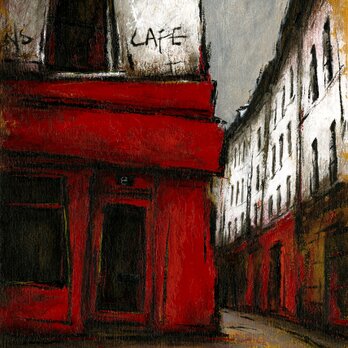 風景画　パリ　油絵　「街角の赤いカフェ」の画像